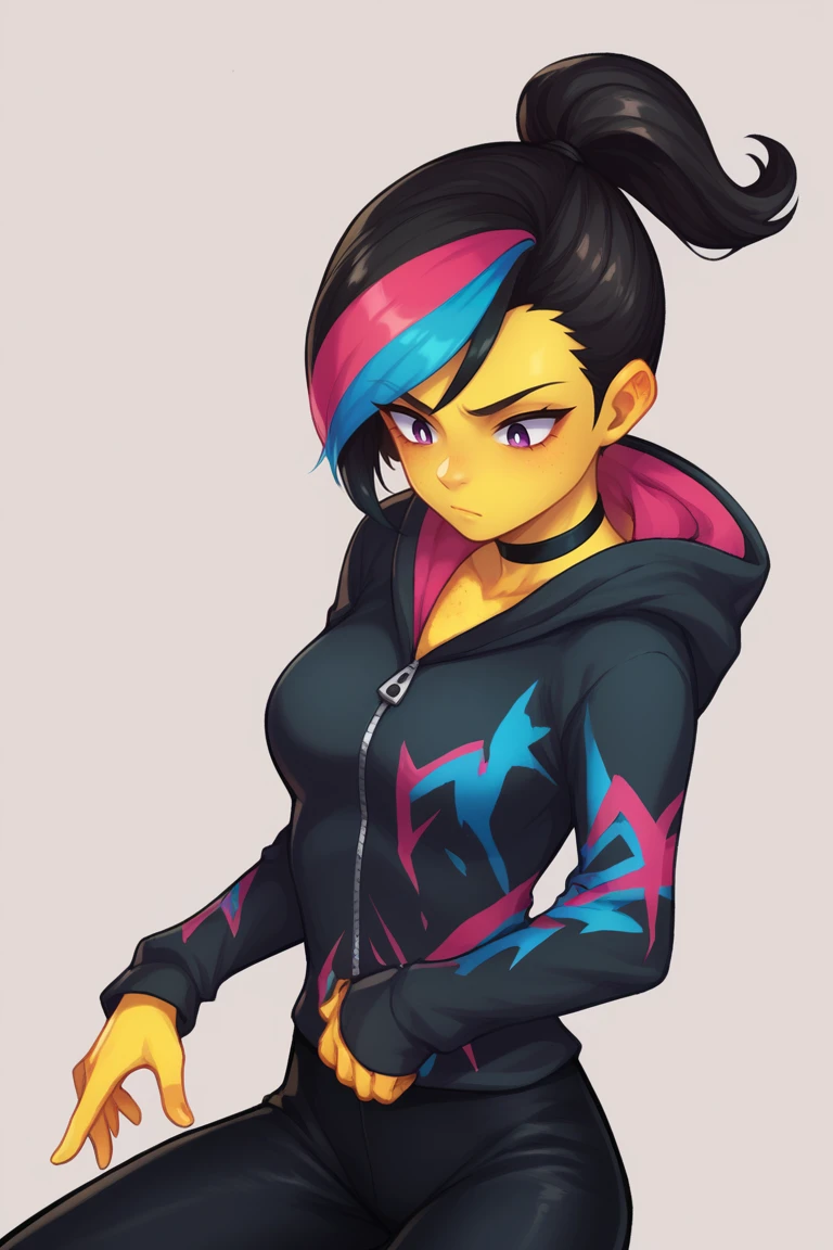 score_9, score_8_up, score_7_up, BREAK, 1girl, solo, breasts,  <lora:diabolumberto-guy-PONYv1:1>,   <lora:legomovie_wyldstyle_ponyXL:0.9> wyldstyle, multicolored hair, black hair, ponytail, black hoodie, long sleeves, black pants, choker, yellow skin,