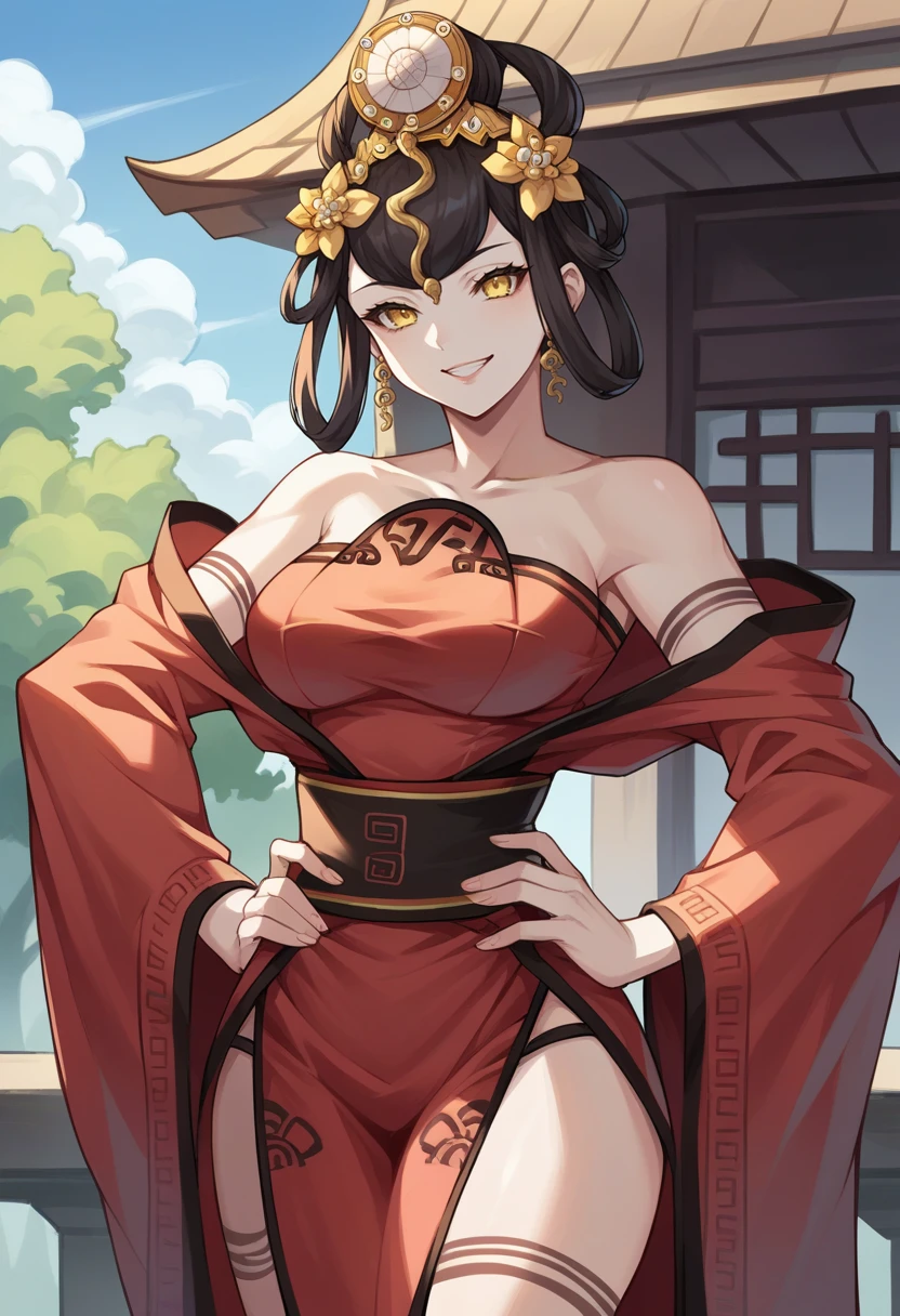 (best quality), ((masterpiece)), (highres), original, extremely detailed 8K wallpaper, (an extremely delicate and beautiful), ray tracing, (best quality), (highres), original, extremely detailed 8K wallpaper, (an extremely delicate and beautiful),incredibly_absurdres, intricate detail, artbook,  Sangonomiya Kokomi, bangs, bare shoulders, blush, naughty_face, huge breasts, breasts_apart, flower, hair_flower, hair_ornament, navel, pasties, petals, sitting, solo, thighhighs, slender waist, (Delicate muscle lines), chinese clothes, chinese style architecture, neat figure, Chinese style,
