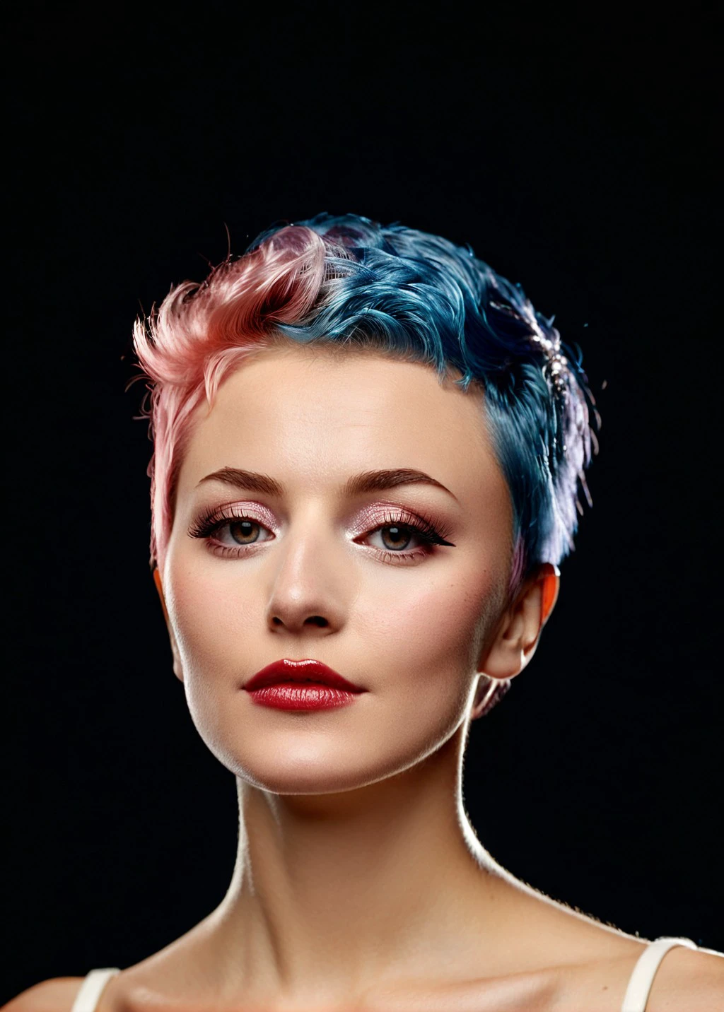 <lora:Tweetney_SDXL_v1.0a:1.1> 
sophisticated beauty photo, (((cinematic film still))) Museum-quality gigapixel cgtrader photorealistic close-up face focus portrait of (classic layered two-tone hair (rainbow:0.1) pixie cut hairstyle with hair blowing in the wind), ohwx woman, makeup, confidence, looking forward facing viewer with squared shoulders, curious expression, 3D scanned, 8K CPU/GPU path traced, by Chuck Close and Peter Hurley, Zeiss Otus 100mm f/1.4, tilt-shift focus plane, perspective matched IOR reflections, granular skin texture details, fibril lashes, tear ducts, iris imperfections. Rankin studio shot, simple background, (pitch black background). . shallow depth of field, vignette, highly detailed, high budget, bokeh, cinemascope, moody, epic, gorgeous, film grain, grainy