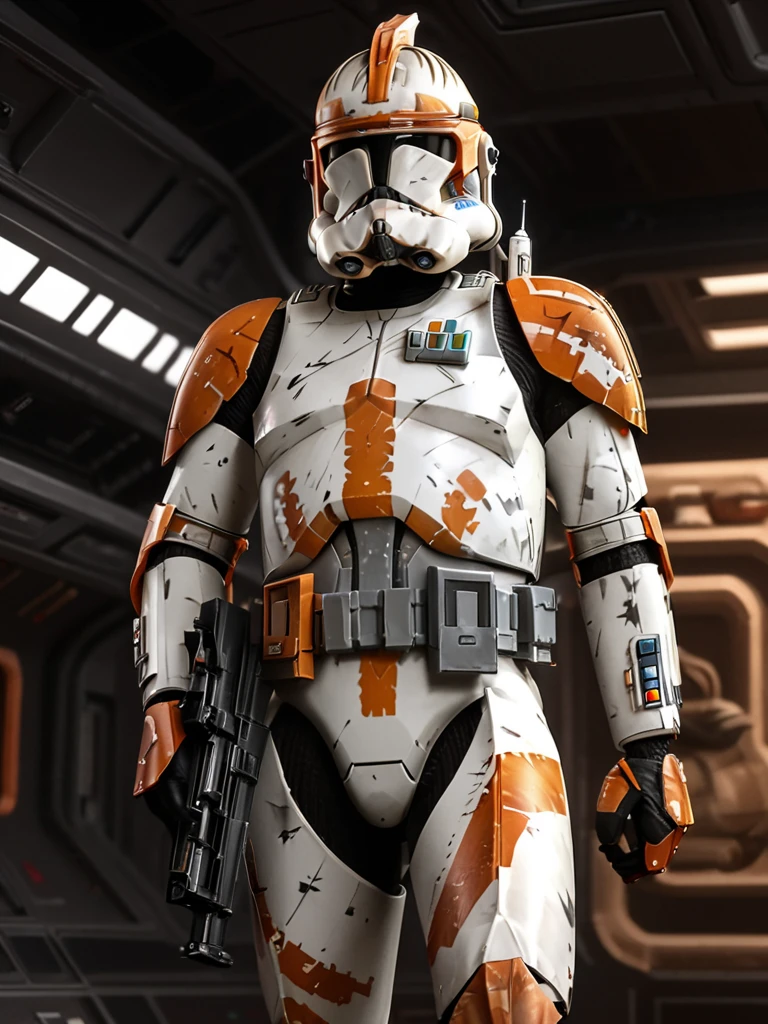 (upper body1.5) shot of a Star Wars Clone Trooper <lora:CloneTrooper-Prequels:0.8> with orange paint markings holding and holding a rifle in a futuristic spaceship cargo hold, 1boy, male focus, solo, realistic, armor, insanely detailed, lifelike, looking at camera, atmospheric, intricate, character photography, 8k, sharp focus, unreal engine 5, volumetric lighting, octane render, vray, character photography, Fujifilm XT3, DSLR, 50mm, ultra-realistic, hyperrealism, authentic star wars atmosphere, masterpiece, trending on artstation