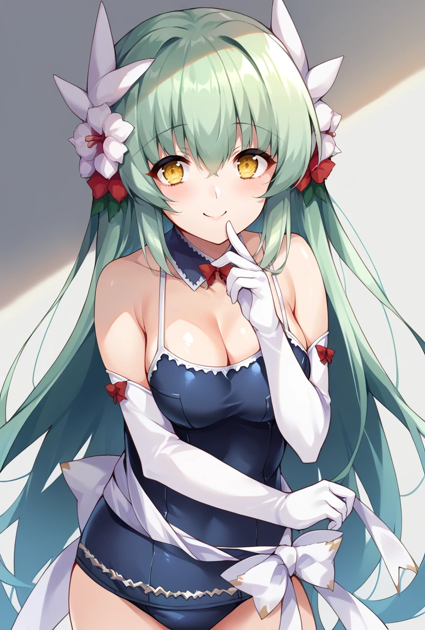 score_9,score_8_up,score_7_up,score_6_up,score_5_up,score_4_up, source_anime,  <lora:kiyohime_(lancer)_XL_1:1>  bbkiyo, long hair, green hair, white horns, hair flower, yellow eyes, detached collar, cleavage, school swimsuit, blue one-piece swimsuit, elbow gloves, white gloves, sash, blush, smile,   <lora:Silveroid-Style-PonyXL:1>