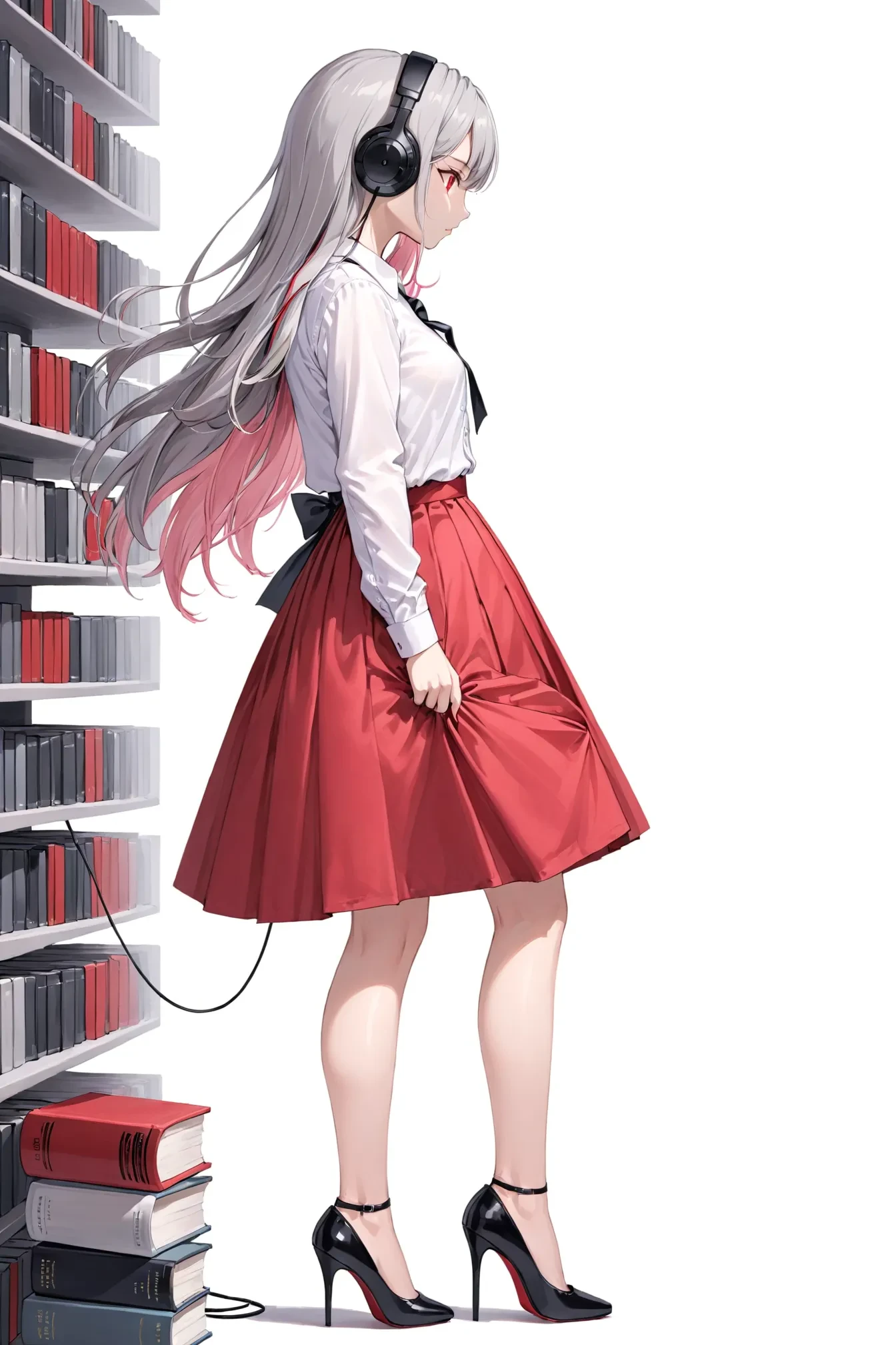 1girl, solo, black ribbon, book, collared shirt, dress, dress shirt, from side, grey hair, hair between eyes, headphones, high heels, legs, lips, long hair, looking to the side, pink hair, red eyes, red skirt, shirt, skirt, skirt set, swept bangs