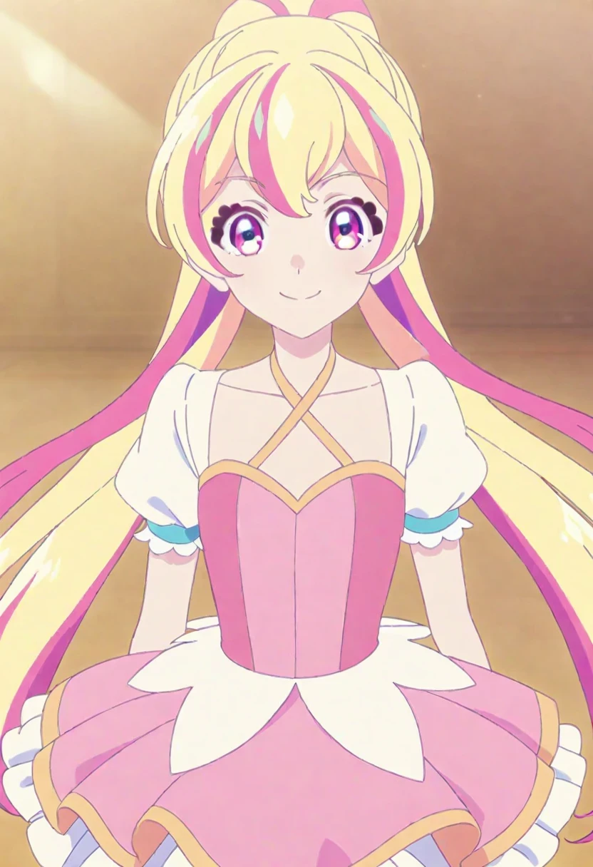 hana_aikatsu, 1girl , pink_dress, puffy short sleeves , frilled_cuffs frilled_dress, frills, yellow_halterneck, layered_dress, short_sleeves, wrist_cuffs, pink_skirt, smile, standing, pretty face, detailed eyes , detailed eyes, pretty eyes, amazing quality, very aesthetic, perfect quality face, anime high quality, ultra detailed hair, detailed eye,ultra detailed, 4k anime, anime screencap, official art, promotional art, cowboy shot 