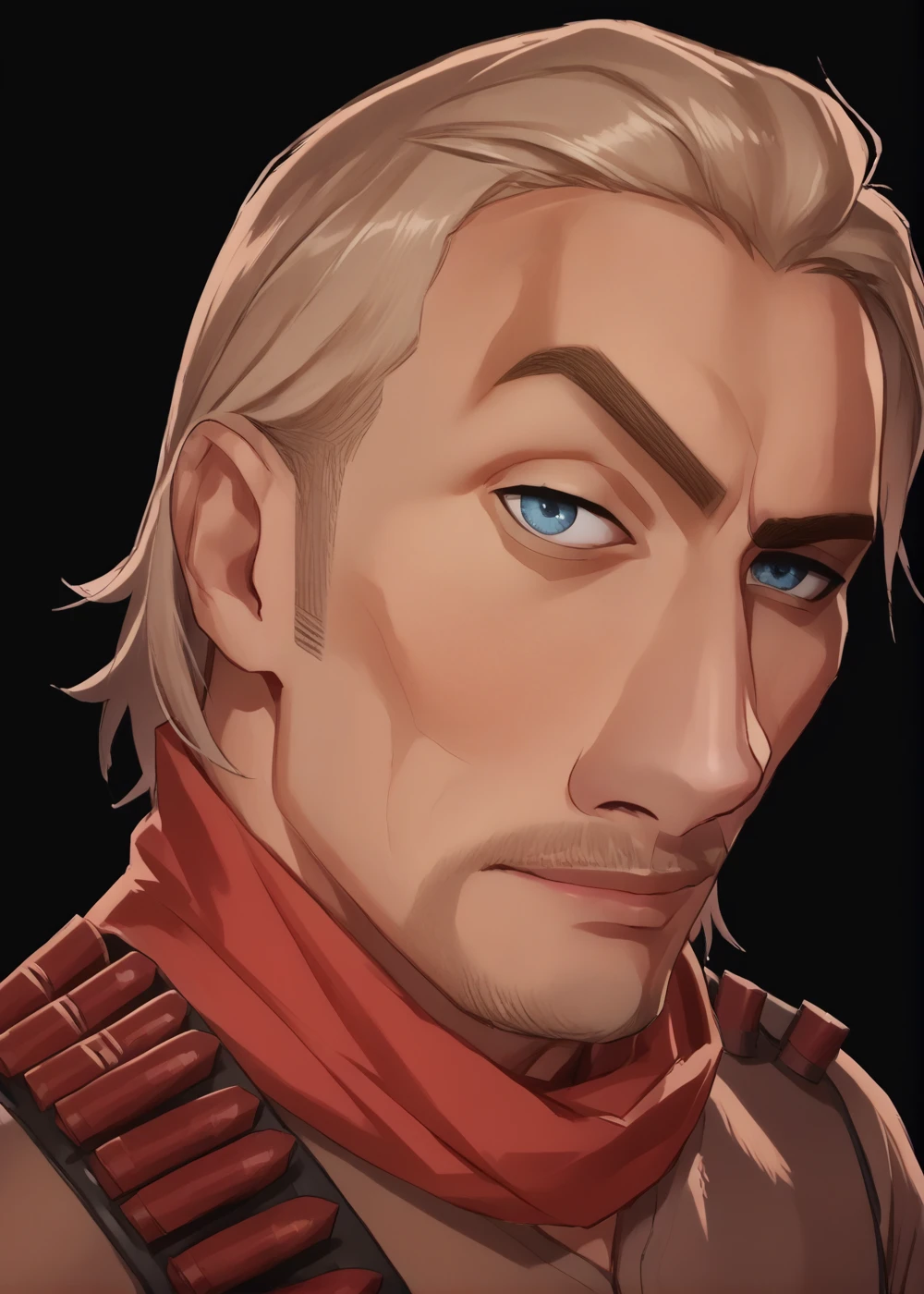 black background,<lora:Revolver_Ocelot:0.8> ocelot, facial hair, red scarf, medium hair, blue eyes, khaki shirt, belt, red gloves, brown pants, looking at viewer, rockseyebrowraise, raised eyebrow, thick eyebrows,<lora:RocksEyebrowRaise_XLPD:1>, BREAK score_9, score_8_up, score_7_up, score_6_up, score_5_up,