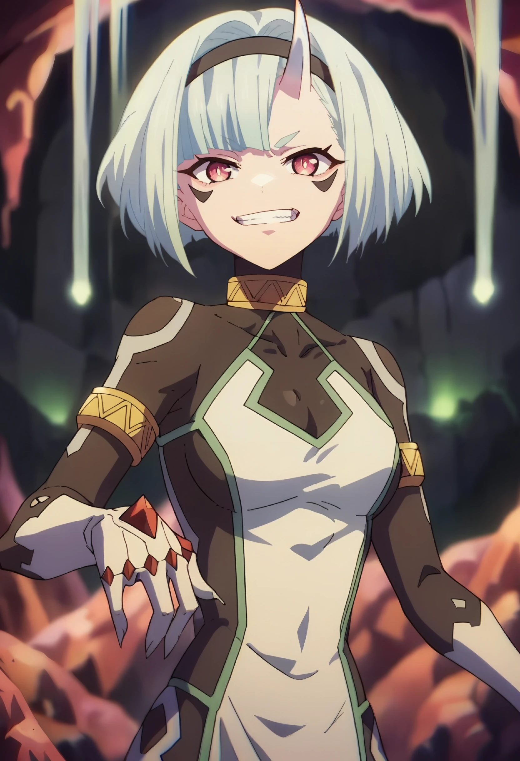 <lora:Coco Zenibako:0.9> coco zenibako, short_hair, 1girl,,  hairband, horns, solo, white_hair, single_horn, bangs, , breasts,  bodysuit, looking at viewer,  upper body,  cave, grin, score_9, score_8_up, score_7_up, score_6_up, score_5_up, score_4_up , anime coloring ,BREAK source_anime, anime