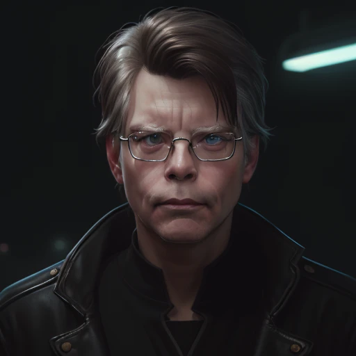 1boy, solo, steking, old, glasses, looking at viewer, focus on face, portrait, confident, blurred background, urban modern interior, neon lights, high fashion, dramatic lighting, cinematic, highly detailed, digital painting, artstation, concept art, sharp focus, illustration, art by greg rutkowski and alphonse mucha  <lora:Stephen_King:1>