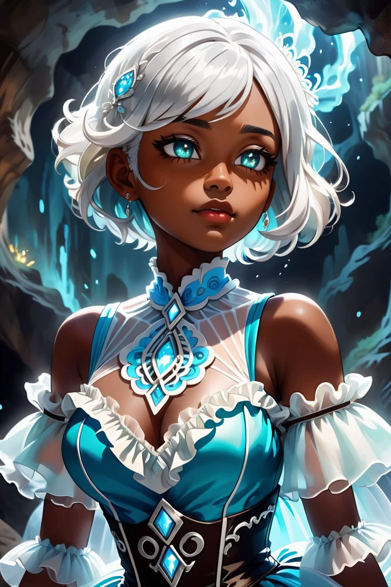 score_9, score_8_up, score_7_up, score_6_up, score_5_up, score_4_up, cowboy_shot, close-up, solo, 1girl, from side, from below, wide hips, upper body, expressionless, dark skin, white hair, multicolored hair, short hair, blue eyes, wedding_dress, multicolored dress, cave, mist, glowing, frilled dress, fluffy, head_til, half-closed eyes, hands on chest, long sleeves