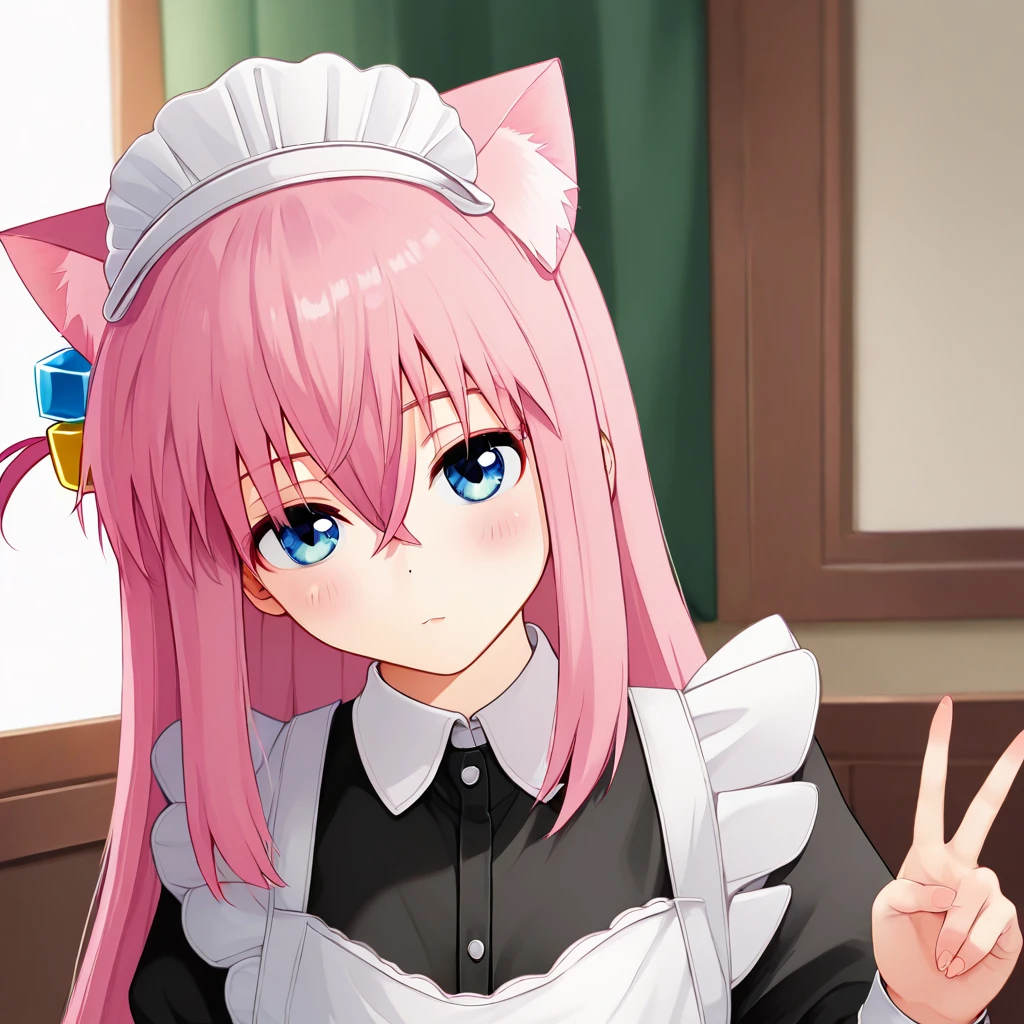 hitori gotou, 1girl, solo, pink hair, maid dress, upper body, ruffles, cat ears, V, head tilt