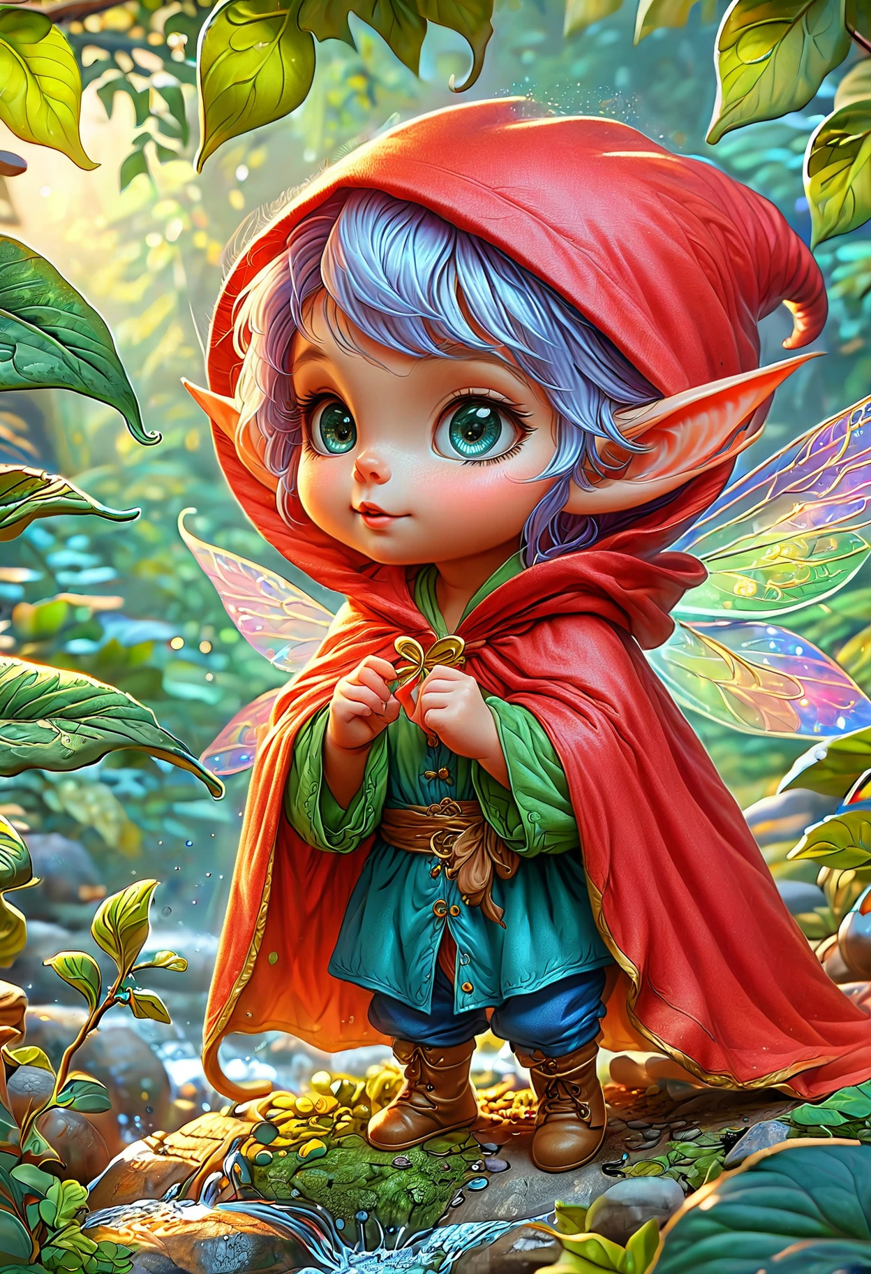 Microfairy, cartoon style, red cloak, blue pants, green hair, under a leaf, (masterpiece, high detail, best quality), sharp,