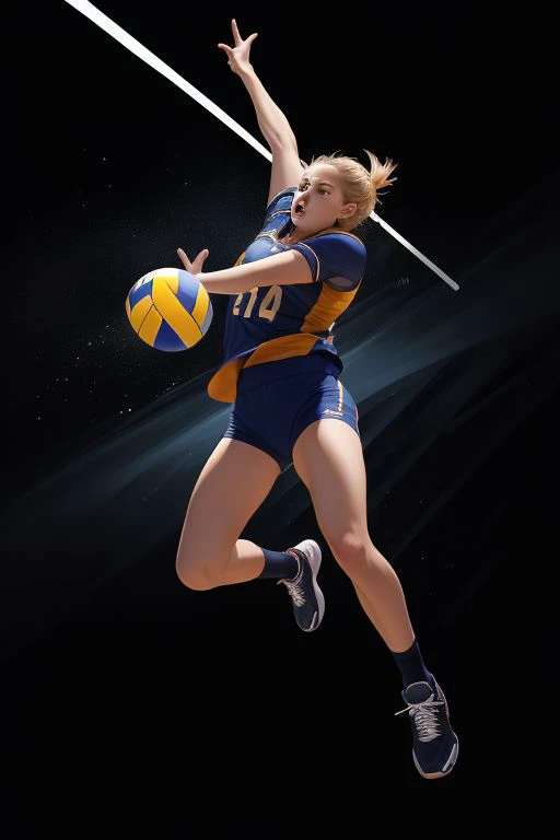 Spike, volleyball, jump sky high, attack, dynamic, solo player, color, dark background