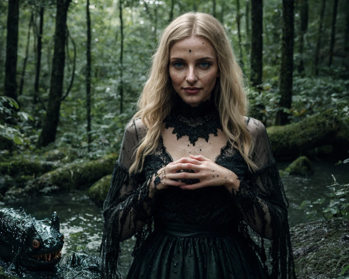 epiCPhoto, (atmospheric cinematic still, full body:1.15), (woman-animal hybridization chimera:1.3) , (innocent slender Slavic woman:1.175) wearing an awkward Victorian dress with black lace and frilly sleeves and a weird pattern, (modelshoot style, analog style, strong gloom:1.125), (correct_fingers, feminine_anatomy, correct_eyes:1.15), (cute nose:1.1), remarkable epic nature landscape, (eerie black slime monster:1.35) in smooth background, playful expression, cluttered jungle with lots of wet woods, moist skin wet texture, smile, long blonde hair, jewelry, (teeth, grin:0.75), (joyful, turbulent emotions:1.165), (realistic hands:1.225),(wet dark carbon boulders:0.75), (gray-blue-green:0.7), (f_stop 2.8, f2.8 :0.3), (cinematic still, feminine_anatomy, correct_eyes, bokeh:1.2), (realistic correct_hands, feminine_anatomy, artistic dynamic pose:1.15), realism, incredibly lifelike, perfect proportions,   realistic skin details,  ultrasharp, ultradetailed, good quality <lora:breastsizeslideroffset:-0.15>
