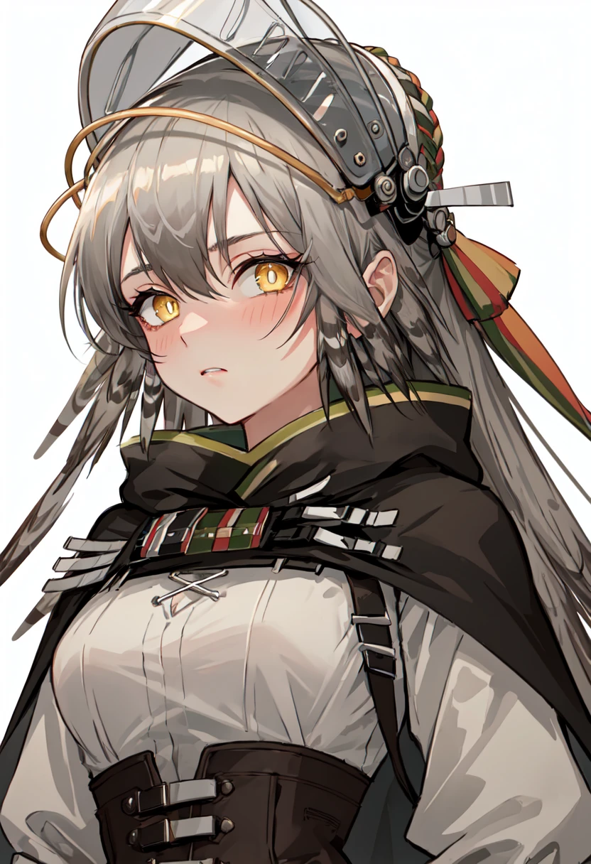 best quality, masterpiece, highres, solo, (fartooth_arknights:1.10), 1girl, looking at viewer, upper body, white shirt, bright pupils, closed mouth, simple background, white background, black cape, blush, hair between eyes, visor (armor), 2 <lora:fartooth_arknights:0.80>