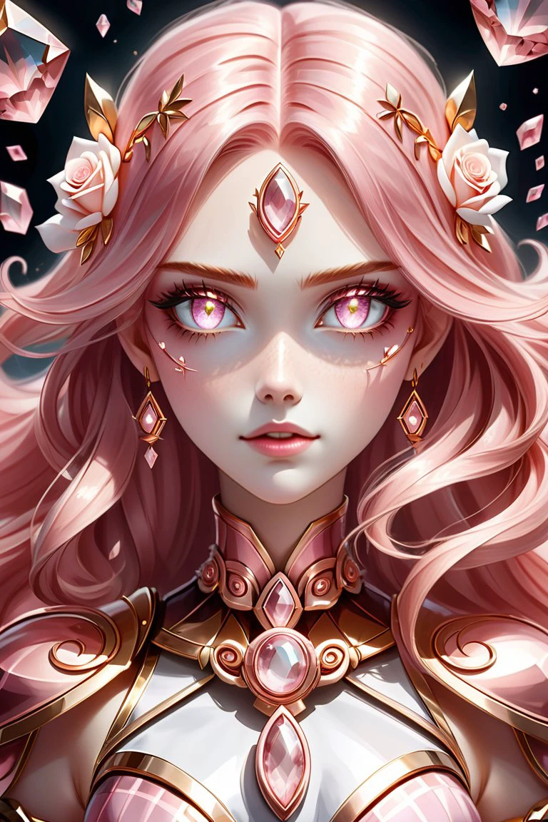 score_10,score_9, score_8_up, score_7_up, score_6_up, score_5_up, A beautiful rose gold haired gold eyed woman with rose quartz gems in her hair