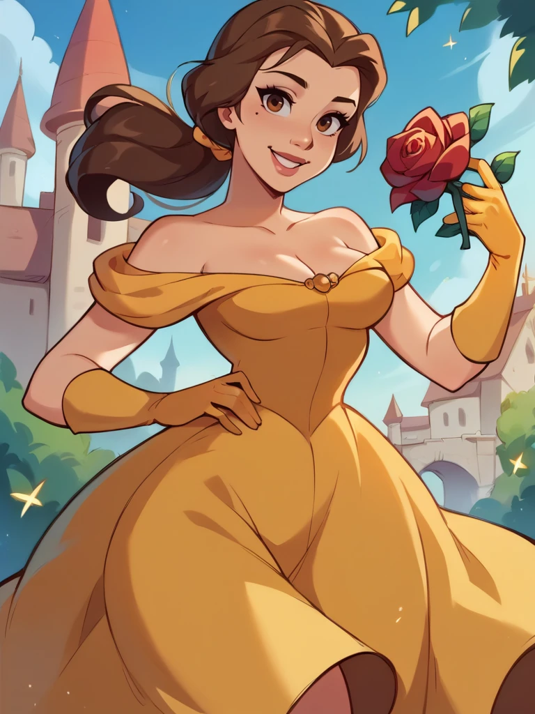 score_9, score_8_up, score_7_up, score_6_up, 1girl holding a rose in a castle, makeup, yellow dress, bare shoulders, cleavage, gloves, ponytail ,curvy, medium breasts, narrow waist, wide hips, thick thighs, looking at viewer, dynamic angle, cowboy shot, cartoon, dynamic pose, smile, cute, wide shot,
<lora:BelleXLP_Character:1>BelleXLP