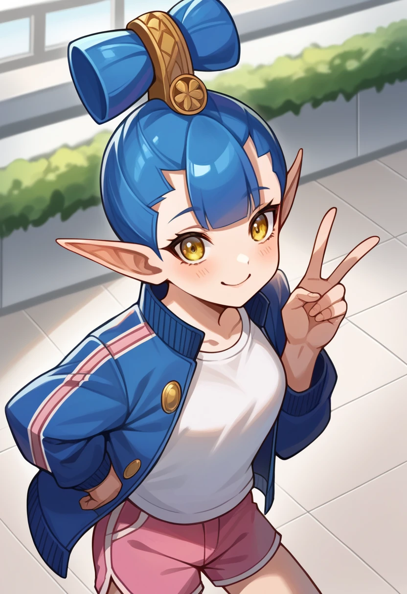 score_9, score_8_up, score_7_up, source_anime BREAK 1girl, solo,   <lora:zs_AmanazokoXL:1> amanazokosmtv, blue hair, hair ornament, hair tied up, yellow eyes, pointy ears, pink shorts, white tshirt, blue jacket, mall, town, smile, v