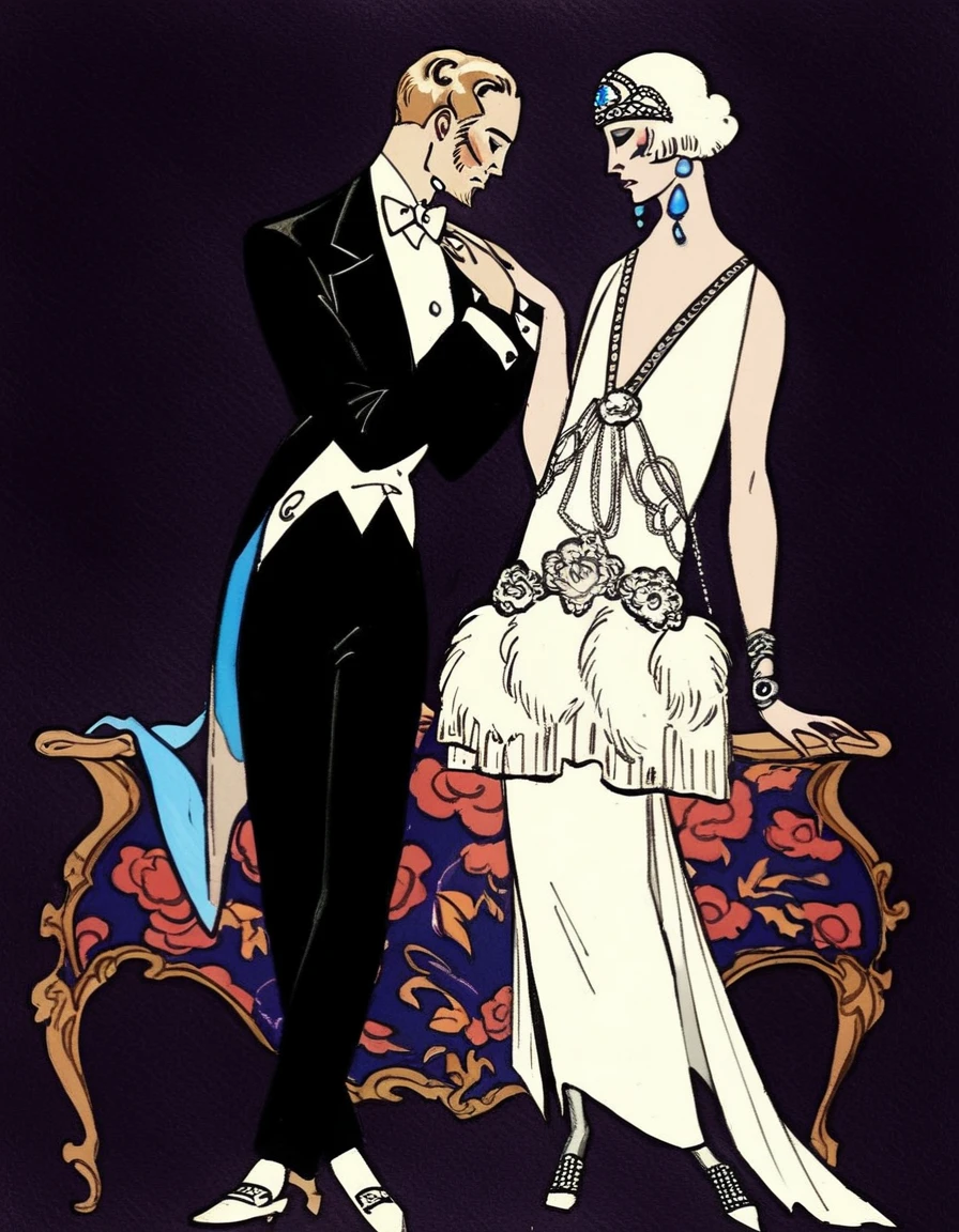 score_9, score_8_up, score_7_up, score_6_up, score_5_up, score_4_up, barbier, ((embrace, caress,)), 1girl, white dress, formal, short hair, jewelry, white footwear, closed eyes, black pants, standing, black jacket, sleeveless dress, white hair, long sleeves, white shirt, collared shirt, 1boy, dark background
