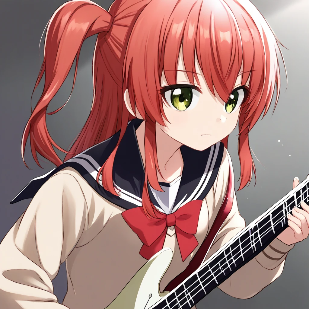 ikuyo kita, 1girl, solo, red hair, serufuku, cardigan, upper body, side ponytail, sidelock, small breasts, sailor uniform, holding guitar, guitar, instrument, holding, 