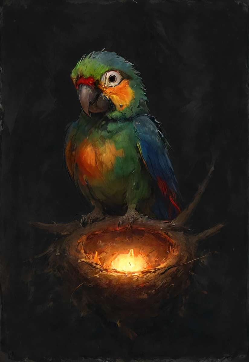 a cozy nest at night made out of colorful shiny parrot feathers in a tree, dark, glowing, composition, shadows, global illumination, <lora:- SDXL - vanta-black_contrast_V3.0:0.8> <lora:SDXL - Style - EldritchRomanceIllustration1.3.1:0.8> <lora:Cute_Drawing:0.8>