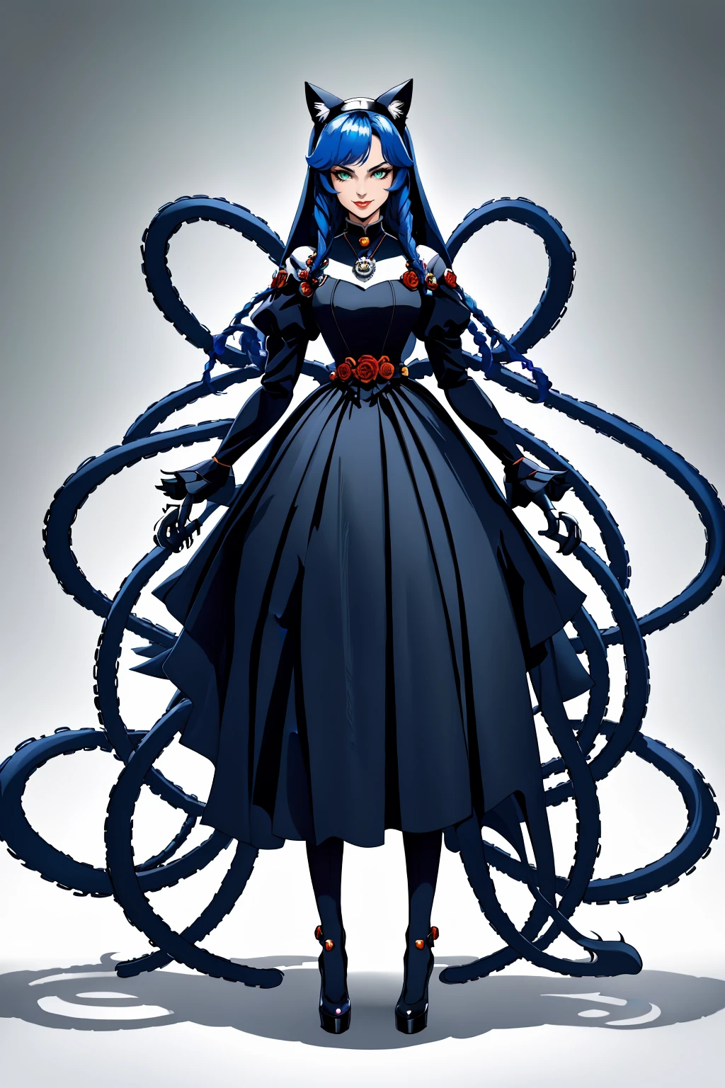 fullbody,standing,close up 1girl, solo, felicia (vampire), big hair, animal ears, tail, long hair, blue hair, cat ears, animal hands, nun, green eyes, dress, cat tail, jewelry, necklace, habit, full body, claws, alternate costume, hand on hip, smile, mature woman, (masterpiece, Best Quality, Extremely Detailed, Ultra Quality, 4k)
<lora:Mechanical_limbs_LyCORIS:1>