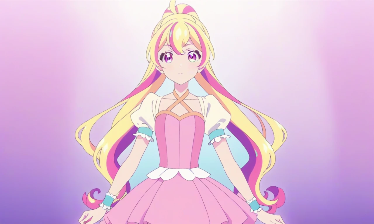 hana_aikatsu, 1girl , pink_dress, puffy short sleeves , frilled_cuffs frilled_dress, frills, yellow_halterneck, layered_dress, short_sleeves, wrist_cuffs, pink_skirt, standing, pretty face, detailed eyes , detailed eyes, pretty eyes,  amazing quality, very aesthetic, perfect quality face, anime high quality, ultra detailed hair, detailed eye,ultra detailed, 4k anime, anime screencap, official art, promotional art,