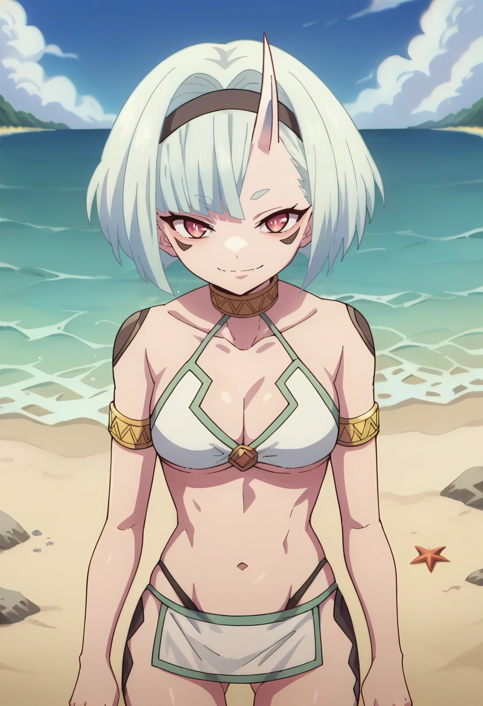 lily_entomach, solo, 1girl, viking_helmet, bikini, dark skinned female, green hair, helmet over eyes, cowboy shot, outdoors, grass, naked, 18 year old girl,
