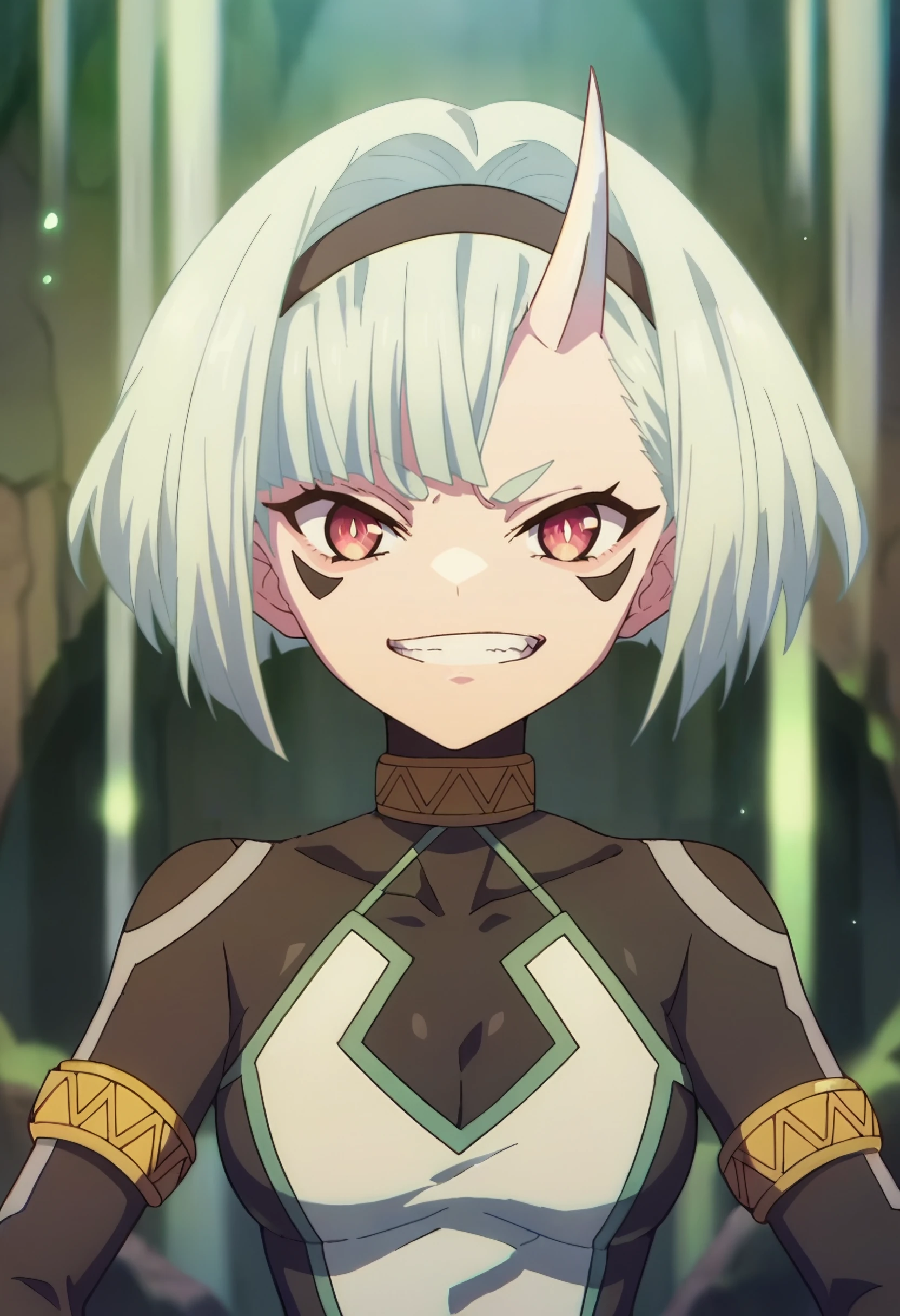 <lora:Coco Zenibako:0.9> coco zenibako, short_hair, 1girl,,  hairband, horns, solo, white_hair, single_horn, bangs, , breasts,  bodysuit, looking at viewer,  upper body,  cave, grin, score_9, score_8_up, score_7_up, score_6_up, score_5_up, score_4_up , anime coloring ,BREAK source_anime, anime