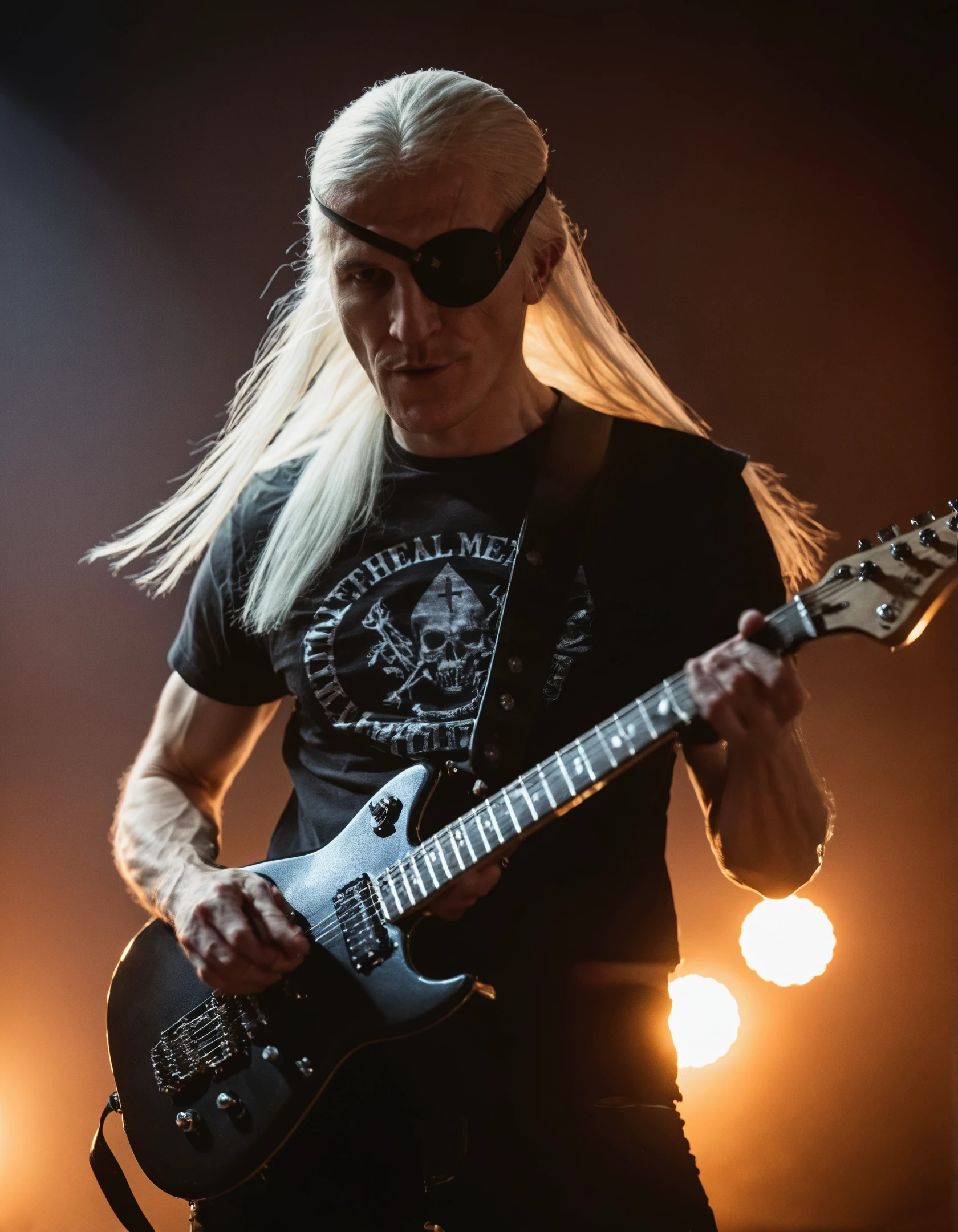 high resolution photo of a3m0nd man with long white hair,full body shot,he is wearing metalhead t-shirt and he playing electric guitar,volumetric lighting,the background is highly detailed,the shot is cinematic