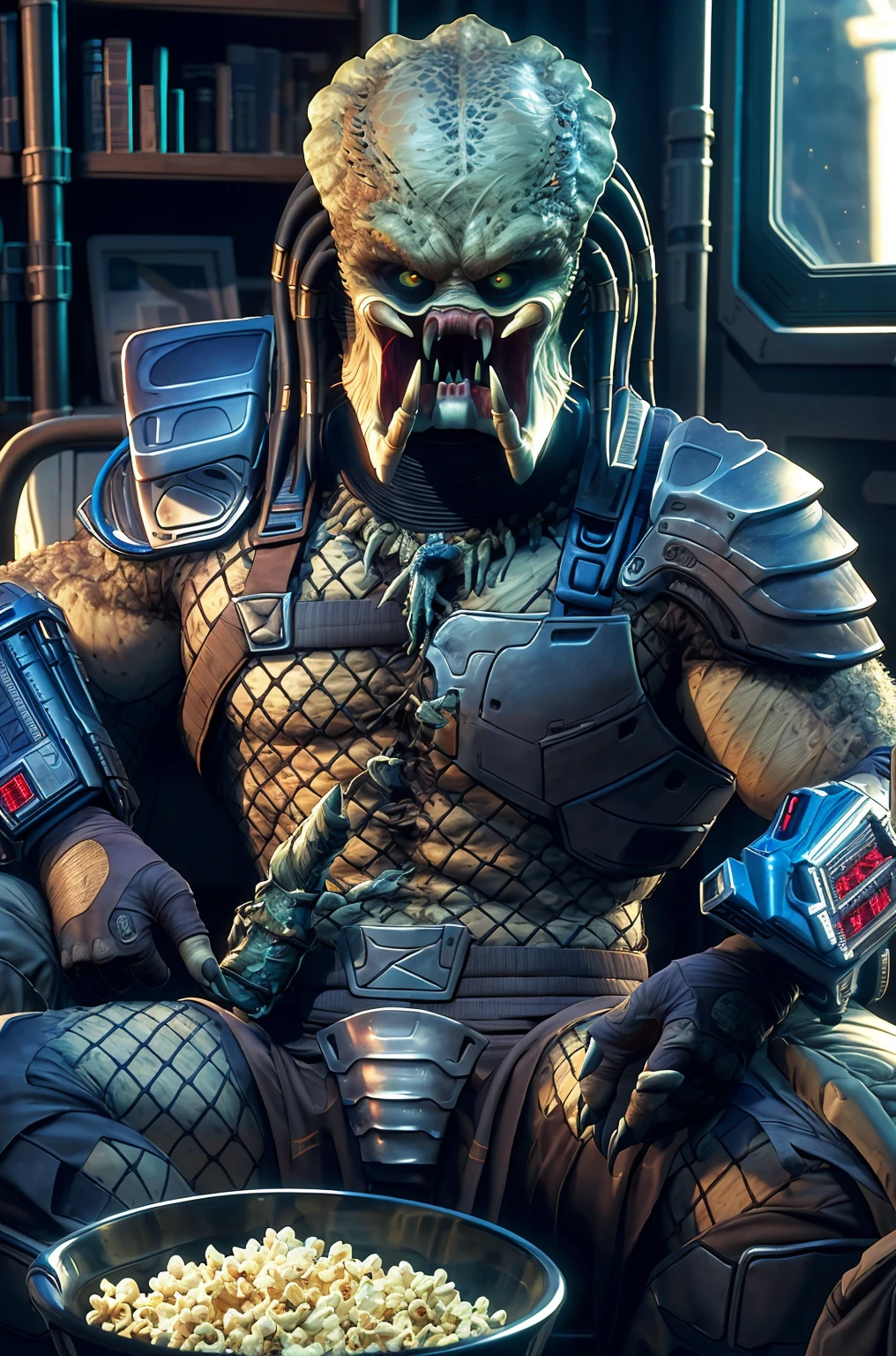 highres,best quality, masterpiece, detailed background,spacecraft, indoors,
 Yautja,predator \(movie\), monster,male,solo, (looking at viewer:1.2),teeth,sharp teeth,armor,gauntlets,couch,holding popcorn, five fingers <lora:Yautja:1>