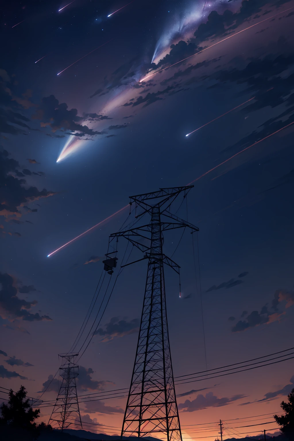 (masterpiece, best quality,best art,perfect detail,dusk and night:1.4),
dark blue sky, stars, power lines, 
transmission tower ,  matte painting,space art,
<lora:meteorshower:0.6>blue meteor shower