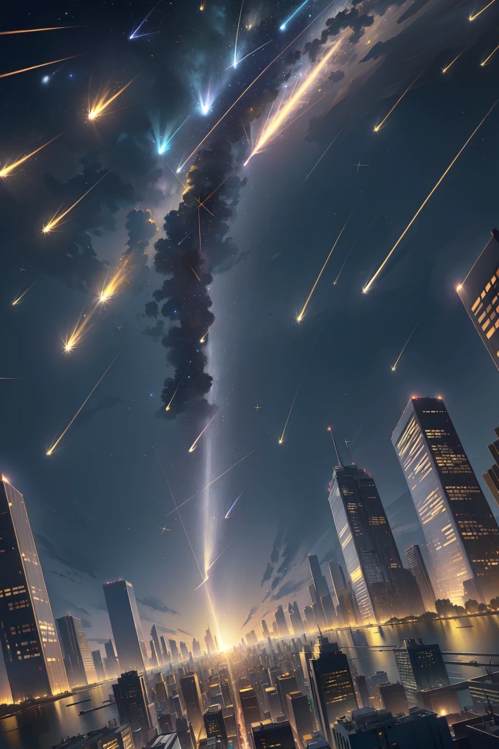 (extremely detailed CG unity 16k wallpaper, hyper detailed, delicate background, depth of field,ultra high res:1.3),
cityscape,skyscrapers ,stars,
<lora:meteorshower:0.6> (many meteor,many yellow meteor shower,many shooting stars falling down :1.5)