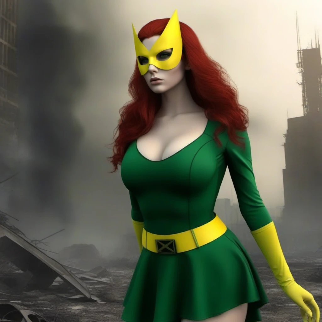 Dystopian style a fullbody skinny with big breast redhead woman wears a green dress and a yellow mask, powerfull superhero <lora:MarvelGirl1024:0.8> . Bleak, post-apocalyptic, somber, dramatic, highly detailed