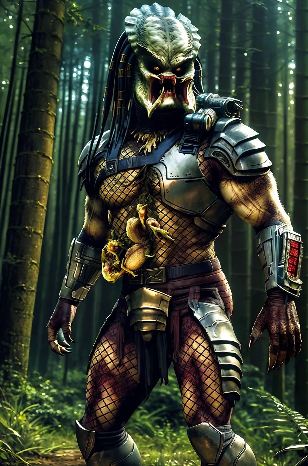 highres,best quality, masterpiece, detailed background,forest,tree
Yautja,predator \(movie\), monster,male,solo,armor,sharp teeth,yellow eyes, fishnets,5 fingers,standing,looking at viewer <lora:Yautja:1>