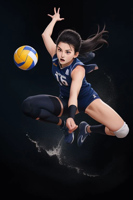 Spike, volleyball, jump sky high, attack, dynamic, solo player, color, dark background