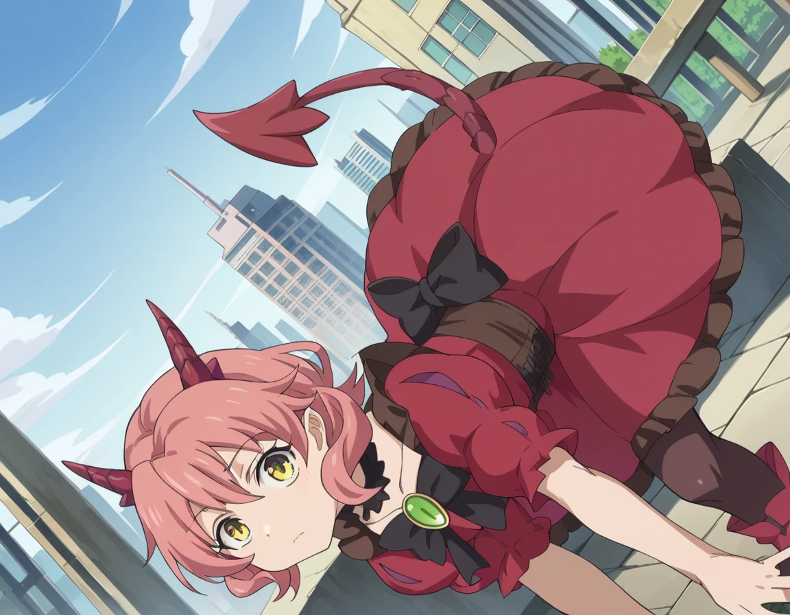 score_9, score_8_up, score_7_up, source_anime,
kemonohanako, <lora:kemono-hanako-s1-ponyxl-lora-nochekaiser:1>,
hanako, short hair, yellow eyes, pink hair, horns,
dress, bow, tail, pantyhose, red dress, red footwear, bloomers, frills, collarbone, gemstone, juliet sleeves, puffy sleeves, choker,
outdoors, cityscape, bent over,
looking at viewer, dutch angle, cowboy shot,