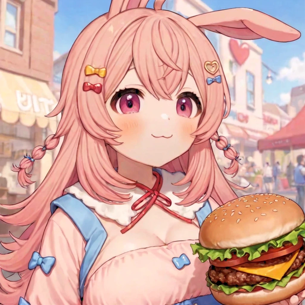 pippa, :3 rabbit ears, bangs, closed mouth, rabbit girl, sleeves past wrists, solo, twin braids, virtual youtuber, ahoge, pink eyes,
pipi hairclip, heart hairclip, bow hairclip, bunny hairclip, red bow hairclip, tiny heart hairclip,
(holding a burger, burger, obese, fat, overweight, full body, chubby)
(((best quality, ultra-detailed, shading, sharpness, volumetric lighting, cowboy shot)))
 <lora:PIPPA-XL-t9-000001:0.6>