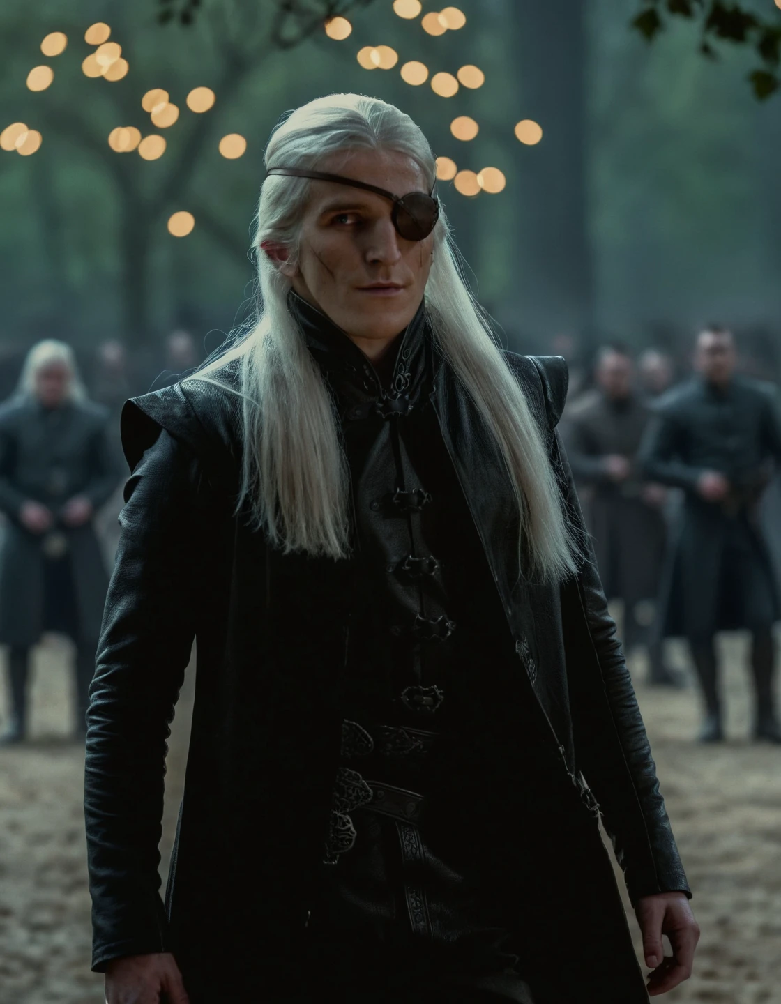 high resolution photo of a3m0nd man with long white hair,full body shot,he is wearing dark outfit,volumetric lighting and bokeh,the background is highly detailed,the shot is cinematic