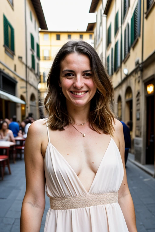 A vibrant and joyful photo portrait of a young Italian woman, Desdemona, the radiant wife of Othello, captured in the heart of Rome. The setting is lively and rich with history, featuring the iconic cobblestone streets and ancient architecture of the city. The background showcases the warm, sunlit hues of Roman buildings, with their terracotta roofs and ivy-clad walls. In the distance, you can glimpse the grandeur of the Colosseum, standing as a testament to the city's enduring legacy.

Desdemona is depicted in a moment of pure happiness, her face glowing with a bright, genuine smile. Her dark, wavy hair flows freely in the gentle breeze, framing her face and catching the sunlight. She wears a light, flowing summer dress in a cheerful shade of yellow, which complements her sun-kissed skin and adds a touch of modernity to her timeless beauty. The dress, made of soft, airy fabric, moves gracefully with her as she walks, embodying the effortless elegance of an Italian summer.

Her expression is full of warmth and joy, reflecting the lively energy of Rome around her. In one hand, she holds a small bouquet of wildflowers, freshly picked from a nearby market, while the other casually rests on a stone balustrade, the rough texture contrasting with her soft, delicate hand. The scene is bathed in the golden light of late afternoon, creating a perfect blend of shadow and light that enhances the vibrant colors and details of the portrait. The overall composition captures the essence of a perfect Roman day, filled with love, history, and the simple pleasures of life, as Desdemona smiles radiantly, lost in the moment.