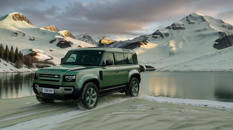 Professional photography of a  deep greenï¼Defenderï¼besides the lake with sunsetï¼snow mountain background , natural light,CG,Blender rendering,extremely details, 16K high quality,masterpiece<lora:ALLN_Defender110-10:1>