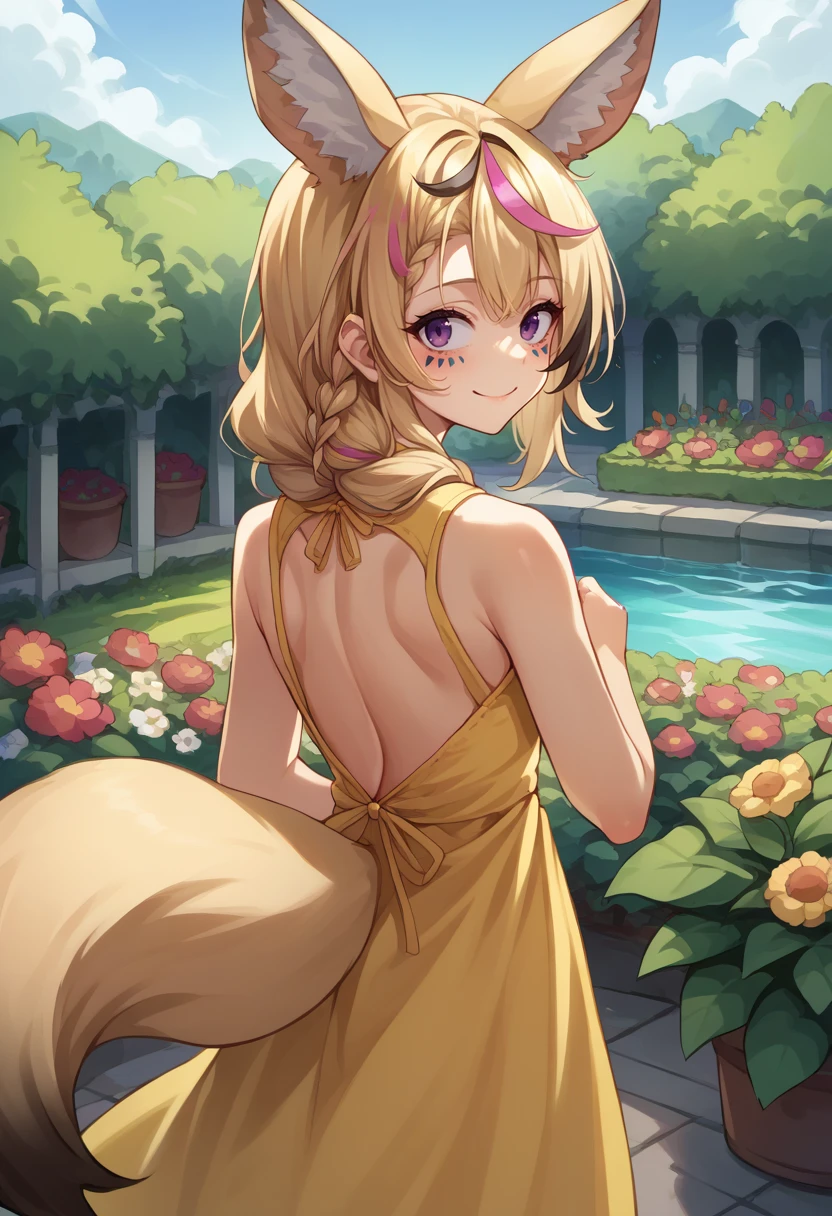 score_9, score_8_up, source_anime, 1girl, solo, OmaruPolka, streaked hair, fox ears, facial mark, long hair, side braid, purple eyes, fox tail, from behind, yellow sundress, garden, day, sunshine, smile, looking back, <lora:ChamOmaruPolkaPonyXL:1>