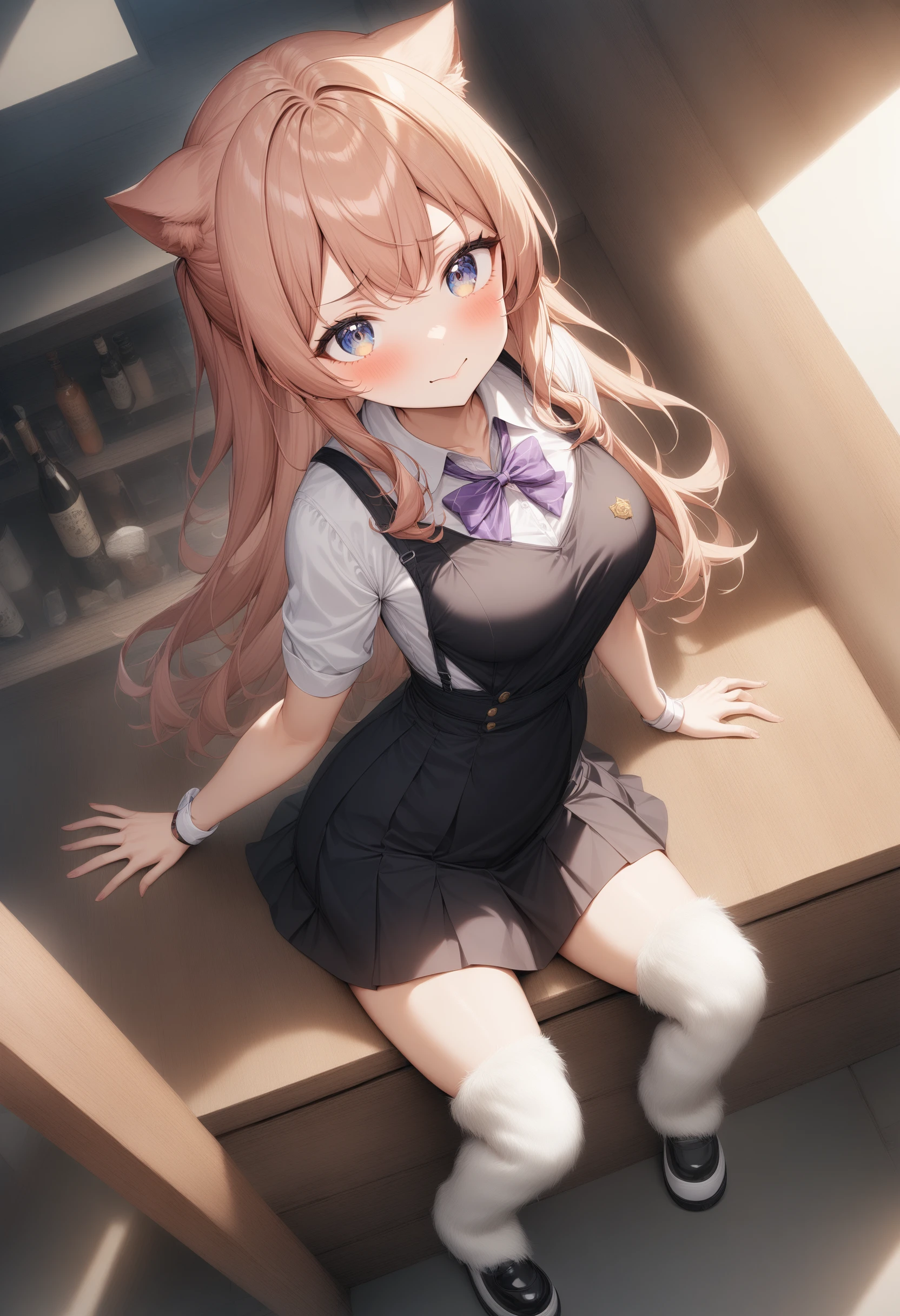 1girl, <lora:sdxl2-flat2-512b:-1>,medium breasts,white legwear, school uniform,
fur legwarmer,<lora:furlegwarmer_XL_v2:0.8>white legwear,
from above, wide shot, looking at viewer, laugh, bar, closed mouth,
masterpiece, best quality, very aesthetic, absurdres