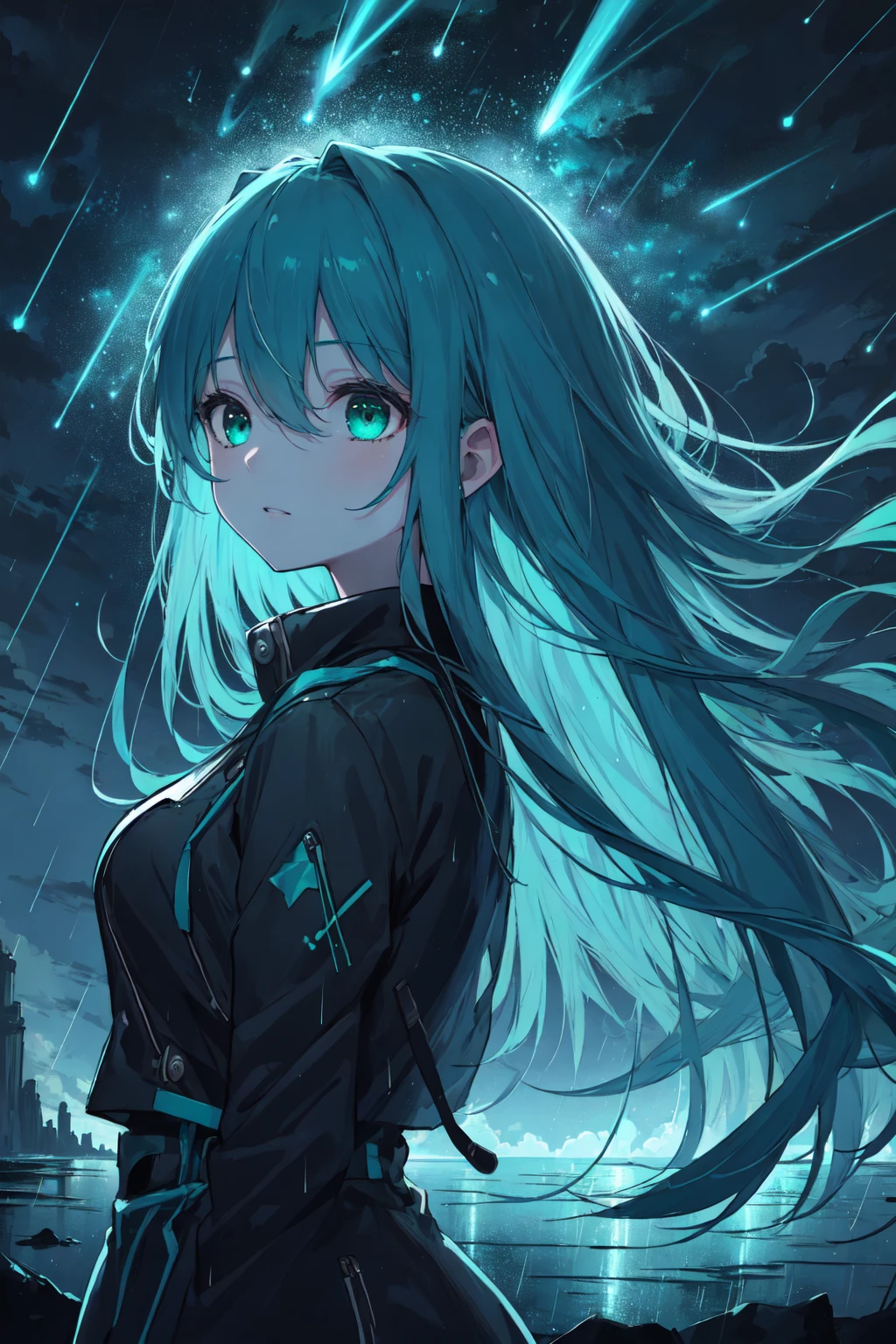 (masterpiece, best quality,best art,perfect detail:1.4),
(black theme, turquoise green theme,:1.3),
1girl,perfect detail eyes, perfect detail face, white skin, 
curly long hair, blurry background, 
breasts, depth of field, glowing stars,outdoors, rain, solo, <lora:meteorshower:0.6> meteor, green meteor shower, shooting stars,clouds