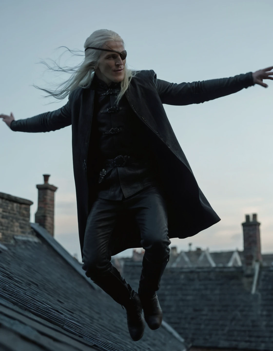 high resolution photo of a3m0nd man with long white hair,full body shot,he is wearing dark outfit,he is jumping from a roof,volumetric lighting and bokeh,the background is highly detailed,the shot is cinematic