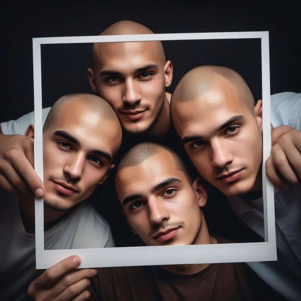 A retro framed Polaroid Photo of three young italians, male only, brothers, 1boy 18yo, shaved  head, full body, closeup, kissing, trimmed pubic hair, perfect half erect fleshy penis, highly detailed, relaxed pose, dramatic lighting, lushill style, digital painting, beautiful, realistic, Art by Daniela Uhlig and Tatiana Suarez ,realistic face shapes, beautiful eyes, smilie, high detail, 8k, vivid colors, highly detailed, UHD drawing, pen and ink, perfect composition, beautifully detailed intricate insanely detailed octane rendering trending on artstation, 8k artistic photography, photorealistic concept art,