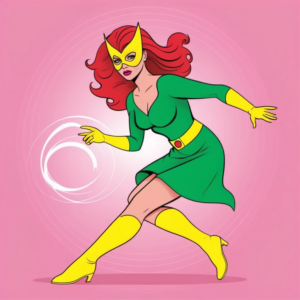 HDR photo of a full body redhead woman wears a green dress and a yellow mask and yellow highboots, powerfull superhero, casting a powerfull spell, dramatic pink ball energy from hands  <lora:MarvelGirl1024:0.8> . High dynamic range, vivid, rich details, clear shadows and highlights, realistic, intense, enhanced contrast, highly detailed