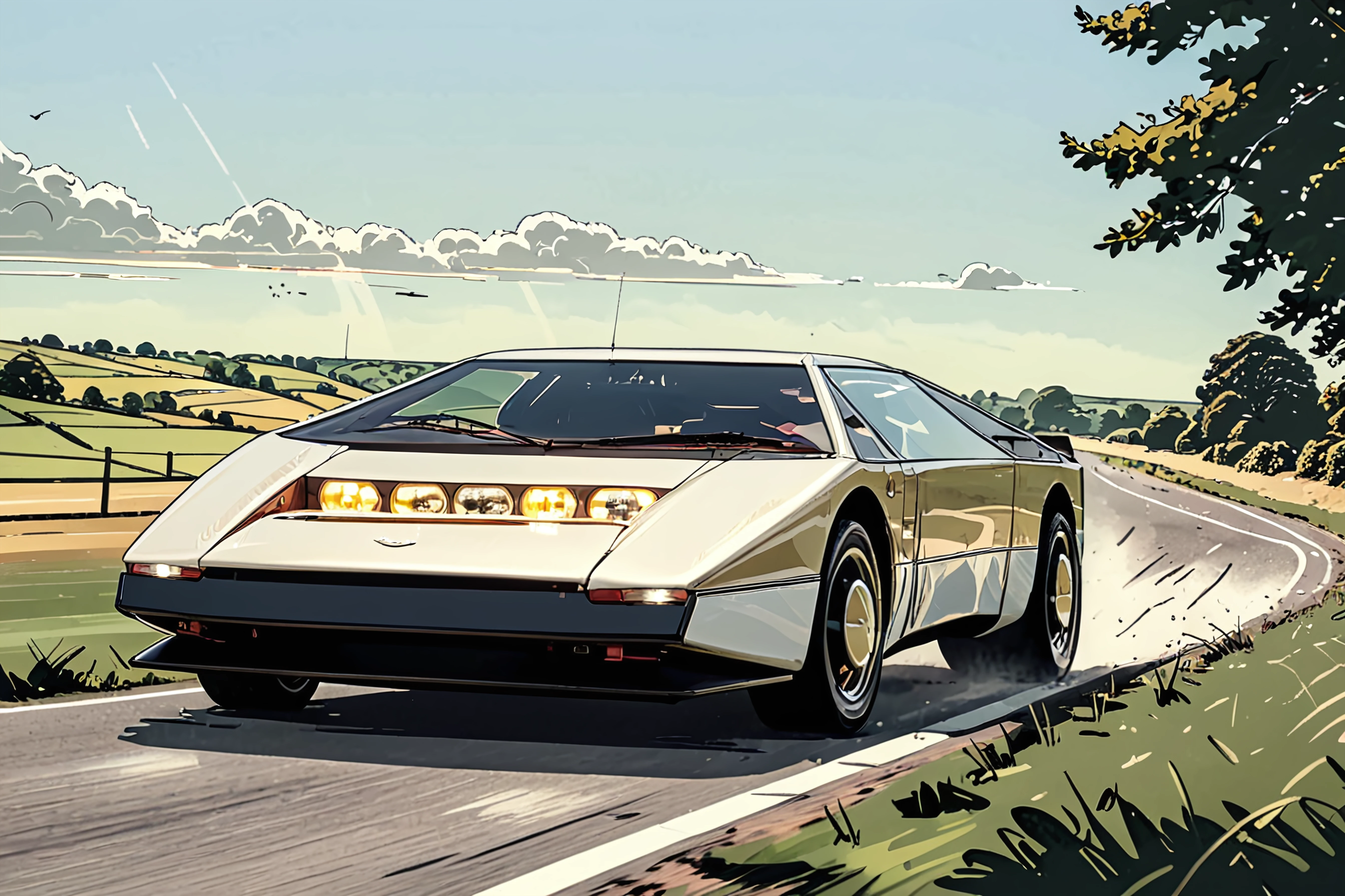 <lora:the_pulp_session_lora_f16:1>,, an aston martin bulldog, headlights visible, in the british countryside, car chase, epic, action, cinematic, motion trails, colored inked, comics, graphic novel illustration, flat colors, highly detailed, large gradient, paper texture, go pro, color graded illustration, comics page, blue sunny sky, taillights, behind, (rear view):1.2