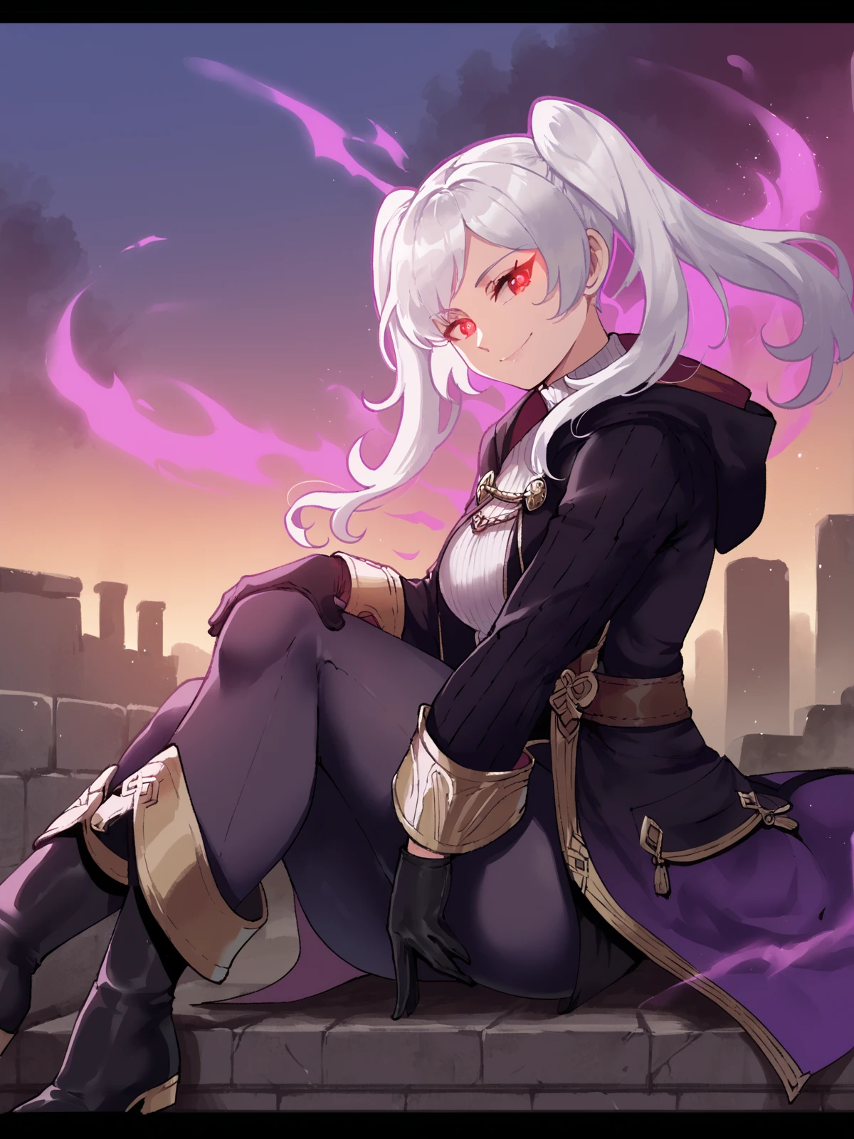 nyantcha, score_9, score_8_up, score_7_up, source_anime BREAK robin (fire emblem), 1girl, solo, long hair,  smile, detailed background,outdoors, ruins,  red eyes, gloves, long sleeves, twintails, closed mouth,  white hair, grey hair, black gloves, hood, glowing, hood down, glowing eyes,  robe, aura, dark persona, dark aura, robin (fire emblem) (female), trousers, boots, ribbed shirt, 