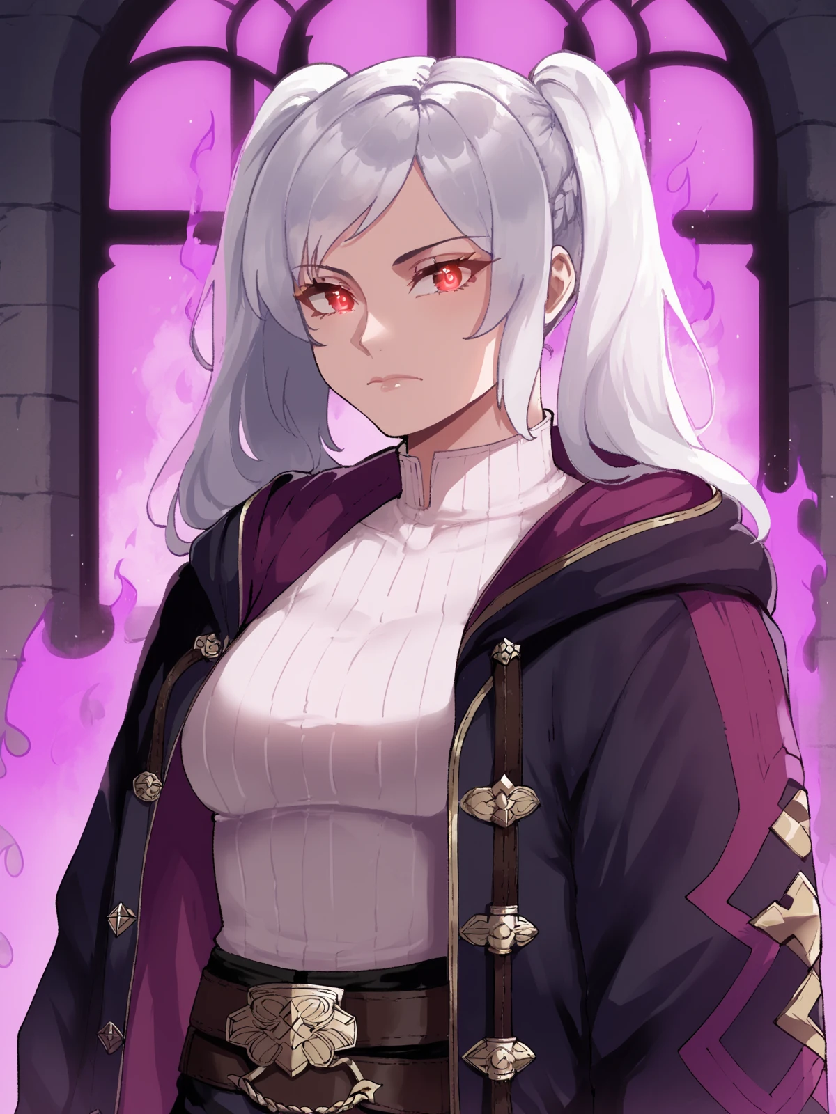 nyantcha, score_9, score_8_up, score_7_up, source_anime BREAK robin (fire emblem), 1girl, solo, long hair,   detailed background, indoors, castle, red eyes,  twintails, closed mouth,  white hair, grey hair, glowing, glowing eyes,   aura, dark persona, dark aura, robin (fire emblem) (female),robe, ribbed shirt, hooded robe, boots, trousers, evil,  black gloves,  belt, dim lighting,  purple fire, upper body, 