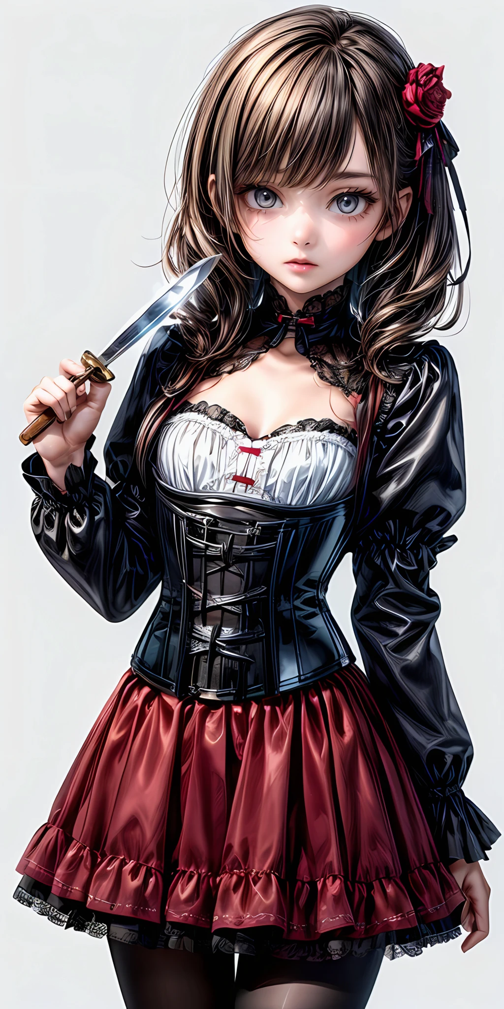 (masterpiece,ultra-detailed,best quality,8K,CG,illustration,shaved:1.0),(petite girl:1.0) <lora:more_details:1>, simple background,
<lora:jyoji fuku v20.0:0.6> jyojifuku belt, corset,skirt,holding knife,cowboy shot
