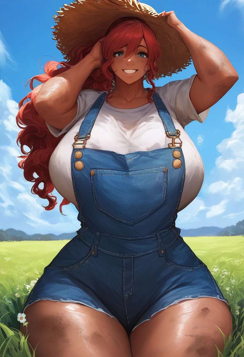 score_9, score_8_up, score_7_up BREAK 1girl, female, solo, , thick thighs, wide , huge ,  , , , smile, wavy hair, farmer, overalls, long hair, red hair, ponytail, tan skin, straw hat, looking at viewer,  white shirt, grass background, blue sky,  clothes <lora:last-000005:0.9>