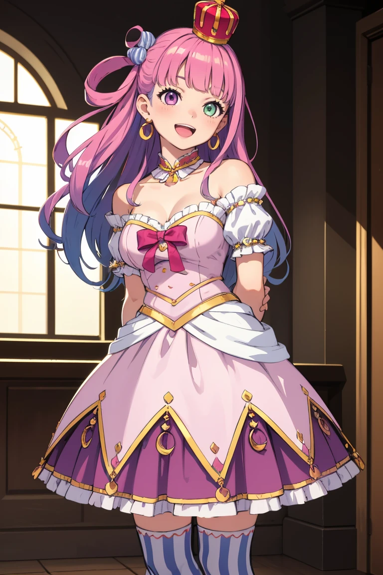 masterpiece, best quality, absurdres, 1girl, solo, LunaBase, heterochromia, long hair, hair rings, candy hair ornament, crown, earrings, detached collar, pink dress, bare shoulders, short sleeves, bracelet, striped thighhighs, smile, arms behind back, indoors, castle, :d, cute, sparkles, <lora:HimemoriLuna:1>